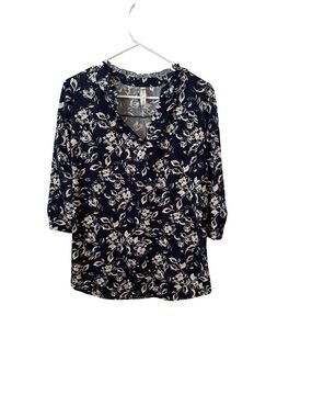 Women's Navy Floral V-Neck Blouse